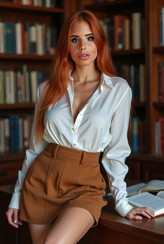 Photorealistic 19 year-old girl, ((luxury hotel)), (((bright red skirt))), tight fitting skirt, loose cream blouse, long-sleeved blouse, beautiful face, redhead, red hair , tight curly hair, ringlets in her hair, (((freckles))), glasses, full body shot