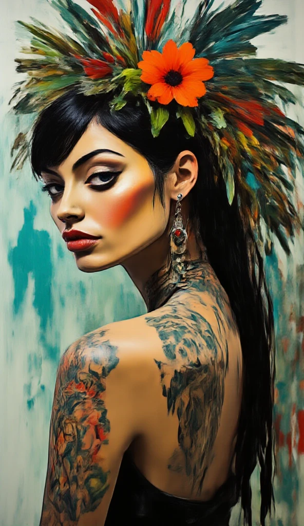 masterpiece,best quality,colorful inkpainting,tattoos, woman, fractal art, geometrical designs, asymmetrical composition, mind bending, psychedelic, realism, high quality, Kodak, Analog style, Leica, Fujiflim, cinematic, detailed skin texture, soft light, sharp, best quality, masterpiece, hyperdetailed, hyperrealistic, photorealistic, 8k, high quality, photo,white background, inkpainting, retro 80s fashion, 80s color palette, 1980s style