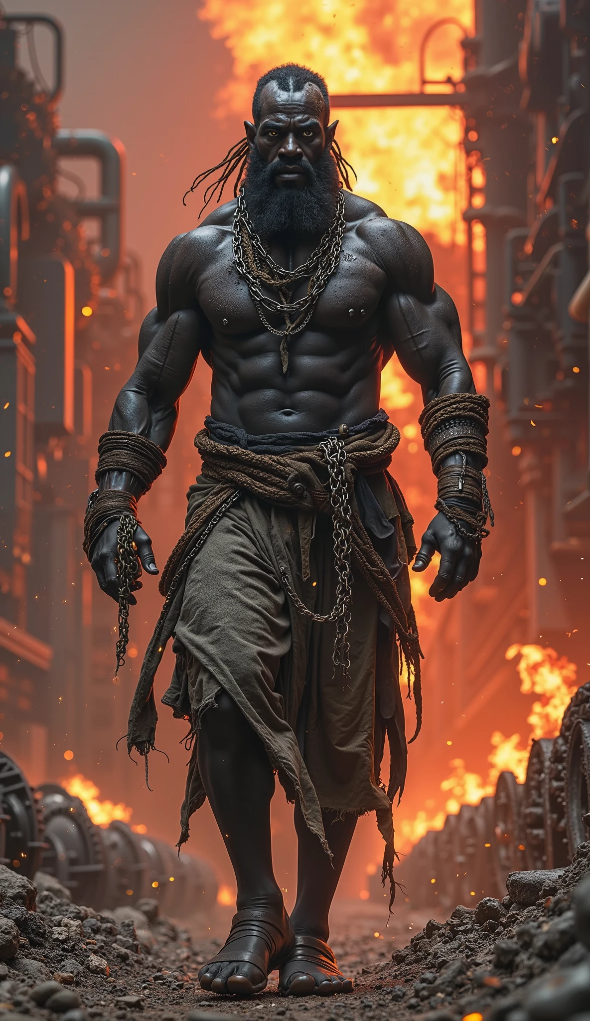 Close-up shot, Low angle shot, (A towering African man over six feet tall, with a muscular build and dark, glistening skin, stands on the deck of a large, weathered ship as it approaches the shores of Japan in the late 1500s. His expression is one of awe and determination, his deep-set eyes scanning the unfamiliar coastline. He wears simple yet durable clothing—a dark tunic and trousers, with a wide leather belt—contrasting with the richly dressed European sailors around him. The sky above is clear and blue, while the bustling port town in the background is filled with wooden houses and cherry blossom trees, with Japanese villagers staring in astonishment at this imposing figure.) unreal engine, cinematic, hyper-real, highly detailed, Ultra realistic HD --q 2 --v 6.1 --ar 9:16