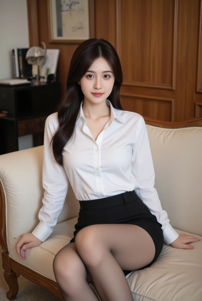 29 years old, a beautiful face of an actress, perfect proportions of female body, tight formal shirt is worn without bra, female crotch without panties, between legs, exposed vagina, pubic hair, sitting on the sofa in living room, japanese, nsfw, best quality, highly detailed, masterpiece, ultra high res, photo realistic, 8k