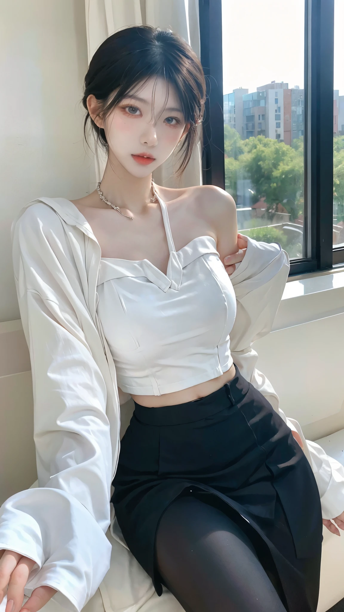 1 woman in a clothing shop, fashionable short hair,(Ulzzang-6500:1.2) mix 4, hiqcgbody, big bust, A little sexy outfit, clothes:random color,