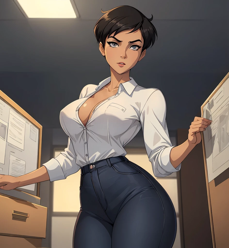 20 years old woman, Short brown hair, Méditerranéenne aux blue eye, Generous and heavy breasts, slender waist, estomac defini, fesses rebondies et pulpeuses, naturally curved, muscular thighs, aguicheuse, dans le bureau, in pants and blouse, neckleace, earrings, blue eye , in profile
