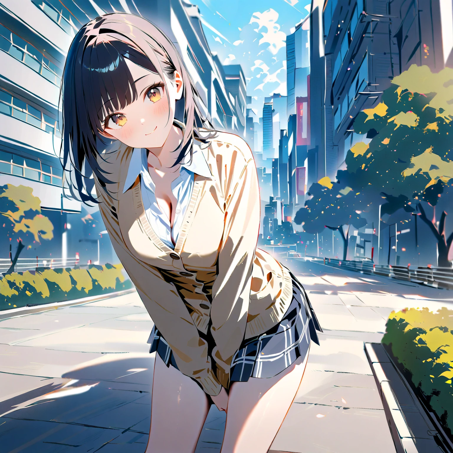masterpiece , best quality ,1 girl, jumping, dynamism, full body, A very beautiful and charming face, beautiful light brown hair, hair over shoulder, floating hair, expressive hair, shiny hair, hair flaps, intense black eyes, strong eye highlights, small breasts, shy smile, lip gloss, parted lips, high school uniform, summer clothes, (((sheer white shirt))), beautiful slim body line, navel visible, navy blue short plears skirt, white lace panties, cameltoe, BREAK, ((black thigh-high socks)),
soft wind, Sunset after rain, wet road surface, back light, Looking up from the floor,flipping skirt.