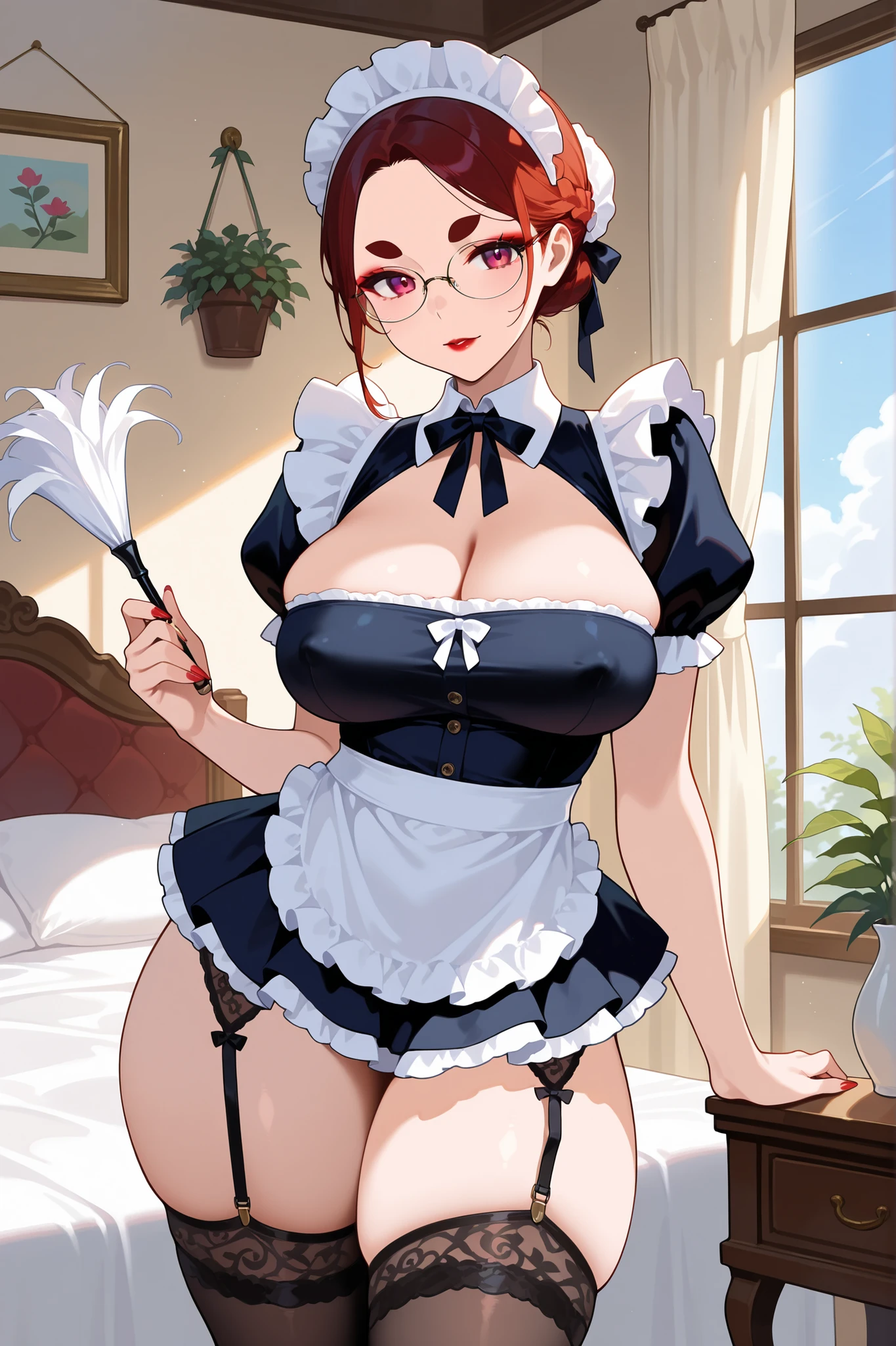 Night time,(Masterpiece), Best Quality, ultra-detailed, 1girl (eri, Slender and sexy body, huge breasts, wide hips, brown hair, single hair bun, brown eyes, spectacles), smile, facing viewer, looking at viewer, solo, maid (black), frill, apron, long skirt, maid headdress, in the bedroom, standing,