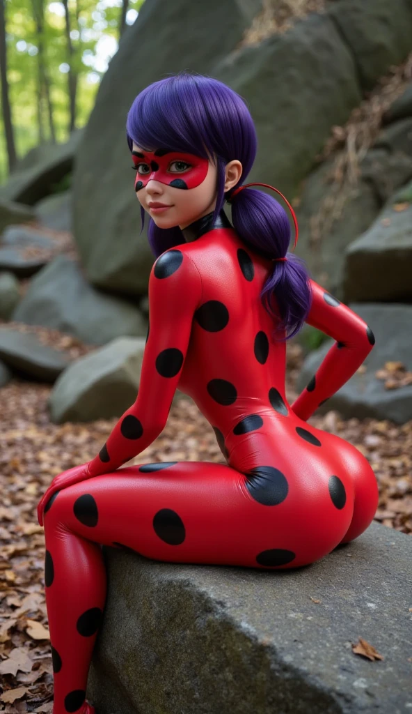 view from below, front view, 18 year old asian girl dressed as ladybug, (ladybug from Miraculous: Tales of Ladybug & Cat Noir:1.0), red lipstick, wearing tight sexy skimpy ladybug outfit, kneeling on the floor, full body, caramel skin, long wild black hair with purple highlights, toned legs, small natural breasts, slim waist, topless, exposed breasts, tiny black panties, looking away from the viewer, dark solid background, ladybug costume