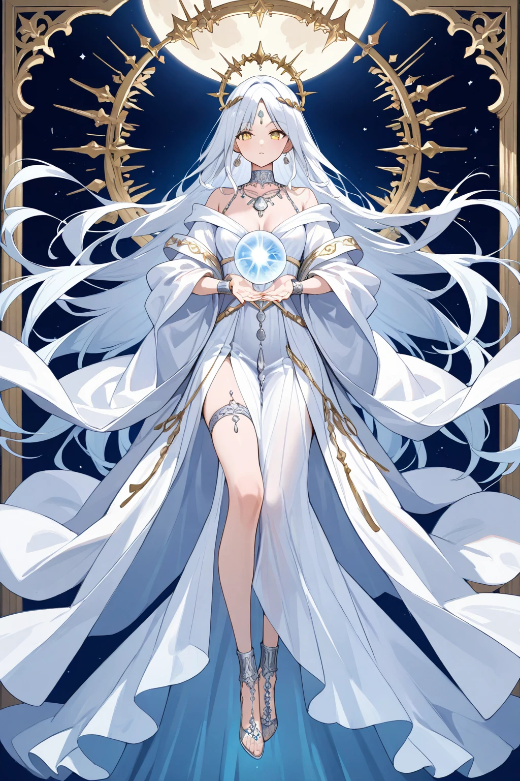 （masterpiece level:1.4）Ultra high definition image quality（Beautiful silver-haired girl:1.4）,blond eyes,Elegant aristocratic look,wearing a white robe,Robe gold pattern,Best 8K quality,Optimal color rendering,Best shadow effects，Looks like a whole body