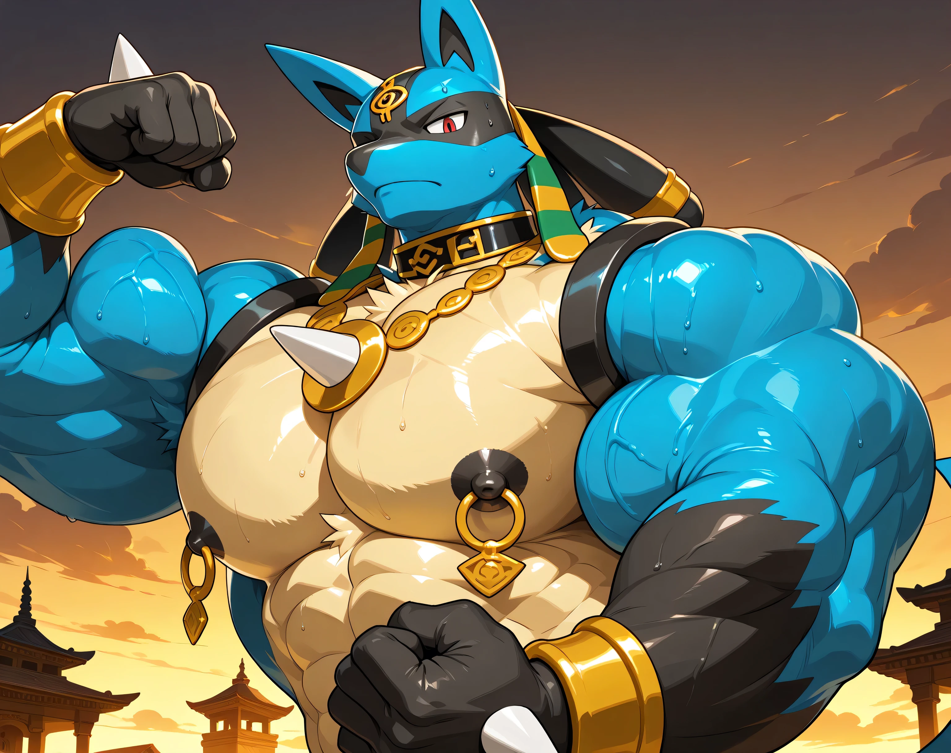 detailed background, low view, temple, close up, solo, alone score_9_up,score_8_up,score_7_up,score_6_up,score_5_up,score_4_up, BREAK kemono, bara, furry, 1boy, anthro, LucarioRS, pokemon (creature), lucario, Blue Fur, Chest Spike, Red Eyes, yellow chest fur with thicker patches on the collar, Spike on Hands, Two tone fur, Egyptian necklace, jewelry, huge muscular, broad shoulders, male, macro, black collar on neck, tail, male, posing, bedroom eyes, sweaty, huge black nipples, huge golden nipple rings, angry, closed mouth, serious,  looking down at viewer, upper body shot, flexing, narrowed eyes 