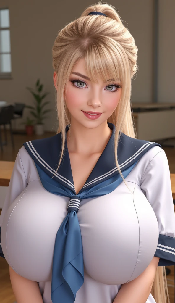 big-eyed woman smiling blonde hair in uniform posing in front of the window, hyperrealistic schoolgirl, hyperrealistic schoolgirl, realistic schoolgirl, soft anime CG art, seductive anime girl, photorealistic anime girl rendering, realistic 3D anime style, hyper-realistic anime, 3D realistic anime, ultra realistic image, realistic shading perfect body, photorealistic perfect body, Detailed digital anime art