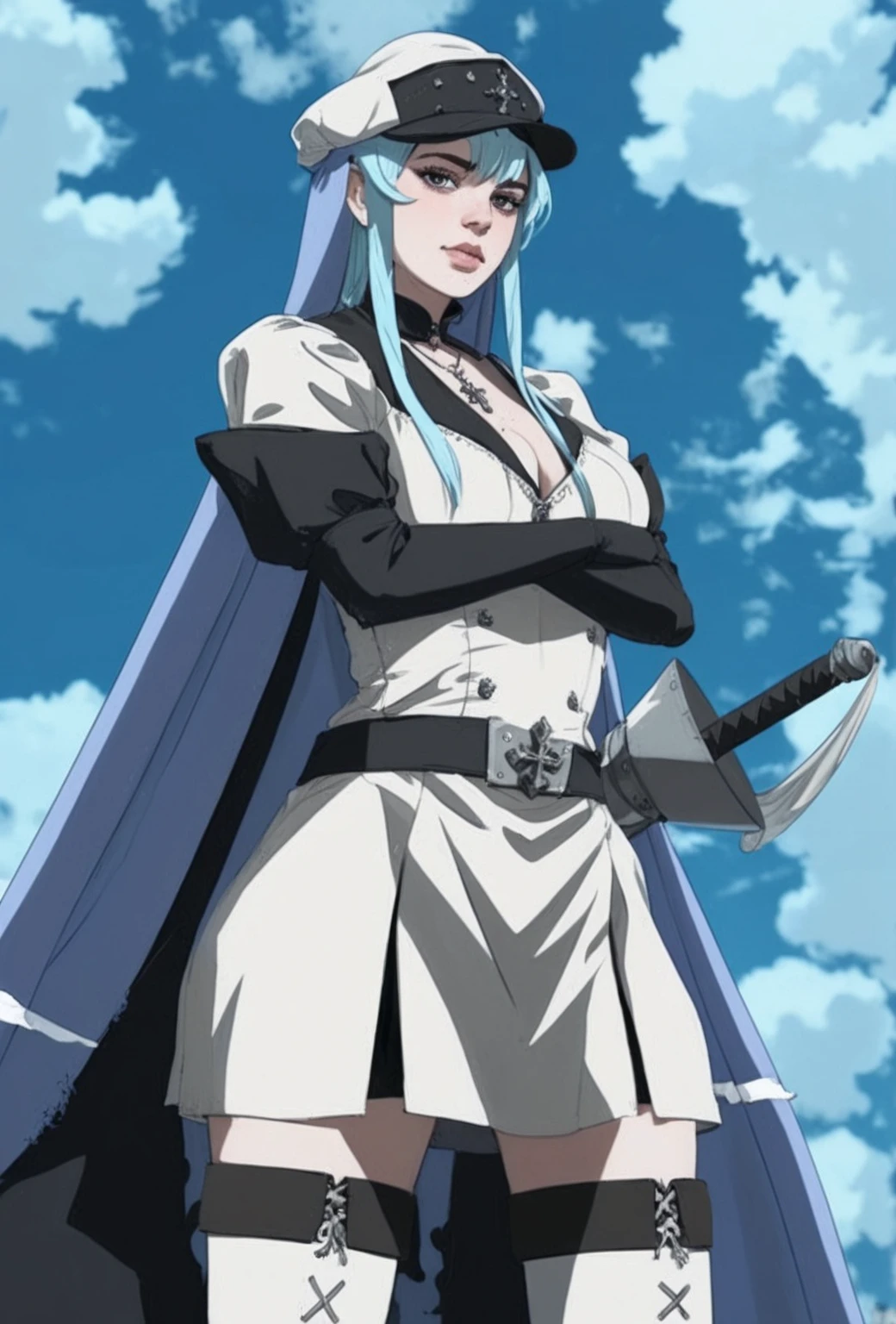 (impeccable quality, masterpiece),(Yusuke Murata:1.2),Esdeath:1.5,beautiful breasts,great action pose,sword wielded,mesmerizing expression,sensual body, smiling, beautiful face, looking at the camera, the colors in blue & white represent the frozen background. full body appearing,
