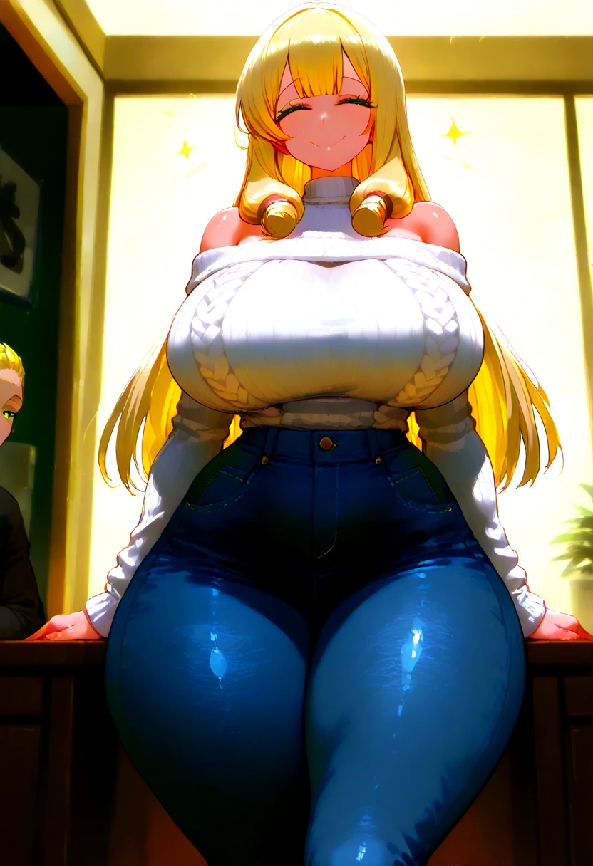 ((masterpiece)), ((best quality)), (ultra-detailed), (realistic), beautiful face, detailed hands, expressive eyes, 1girl, solo, cassie, theycallhimcake, blonde hair, very long hair, braid, bow, (striped shirt, blue shirt, red shorts, gigantic breasts), mature female, milf, motherly, narrow waist, wide hips, curvy