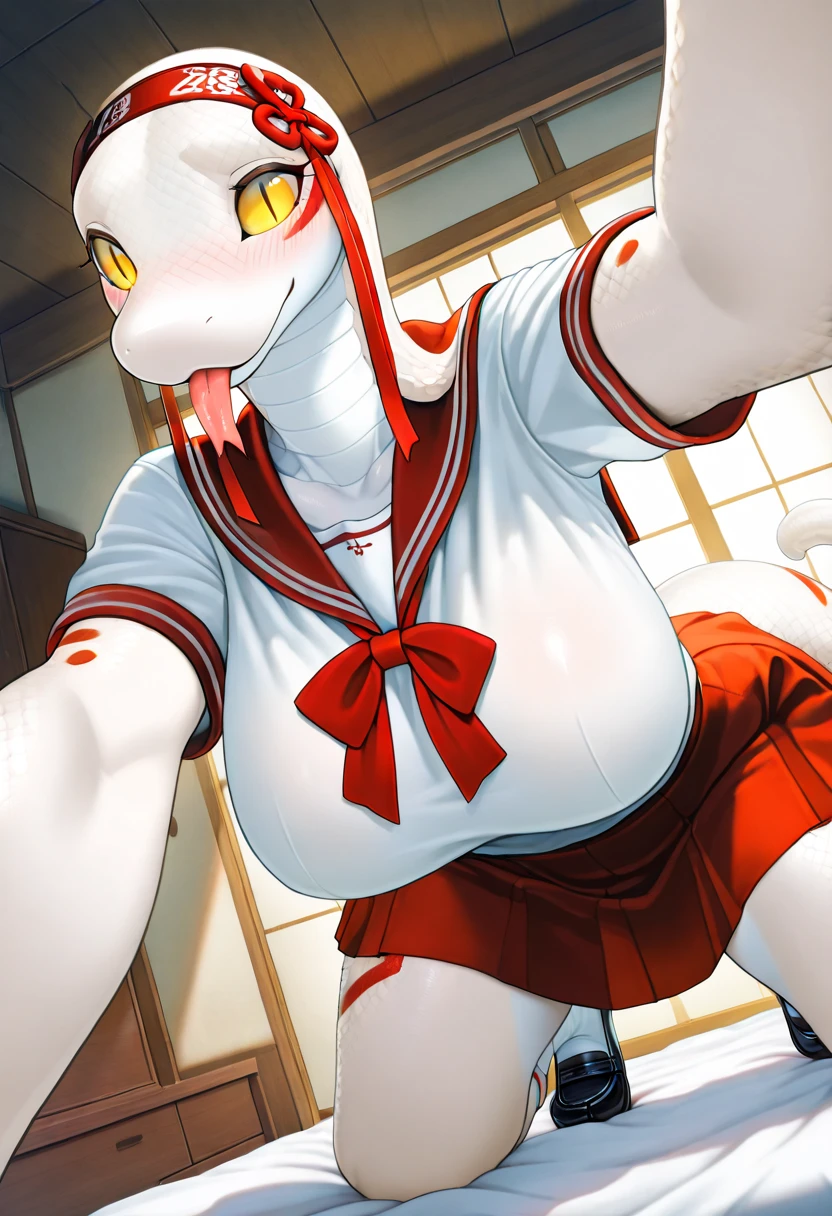 A young cat girl with long white hair and red body, pink body, huge breasts, big nipples, a big cock, very long, very large testicles, is having sex with a sexy girl until sperm squirts out in a prison.