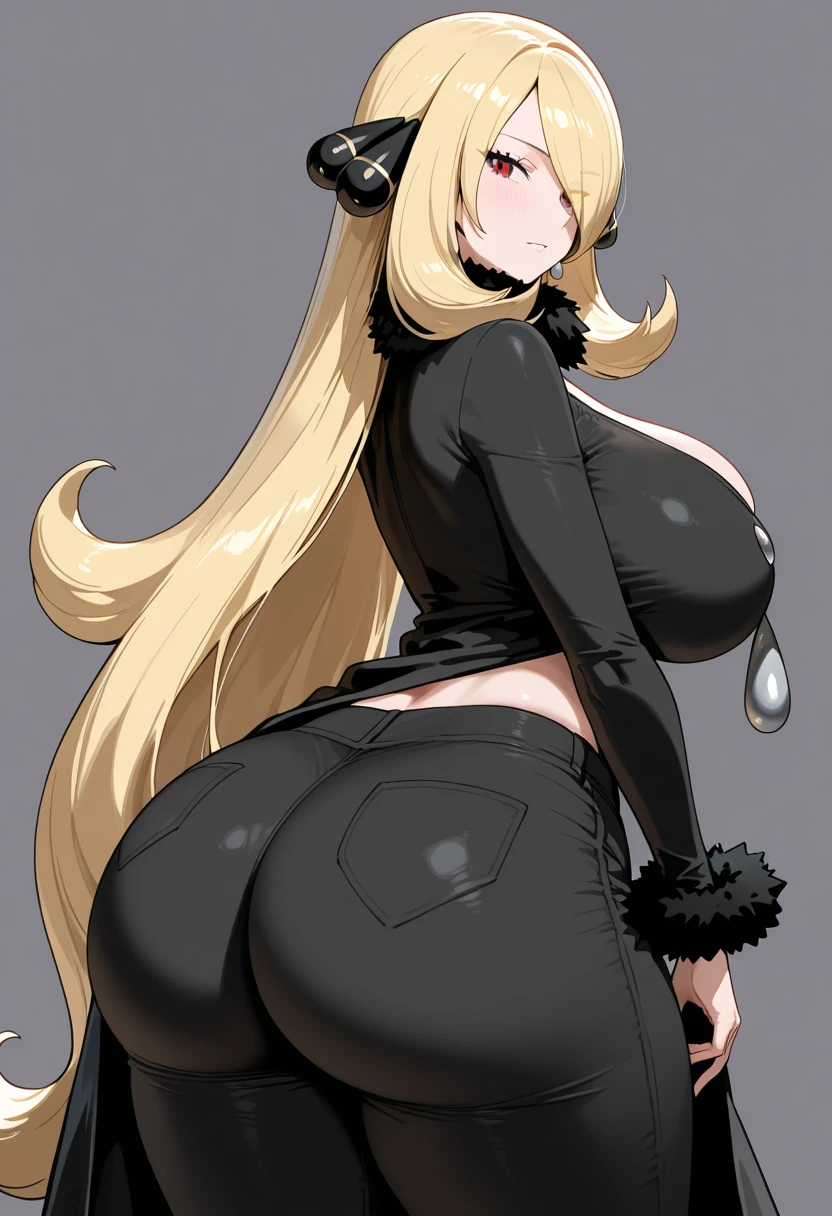 1girl, blonde hair, eyelashes, hair over one eye, blue eyes, big lips, ultra-detailed, high quality, highres, absurdres, best quality, best quality, large breasts, long hair, bright pupils, tall female, pink lips, extremely detailed, large breasts, huge tits, raised chest, seductive pose, full body, skinny, thick ass, big ass
