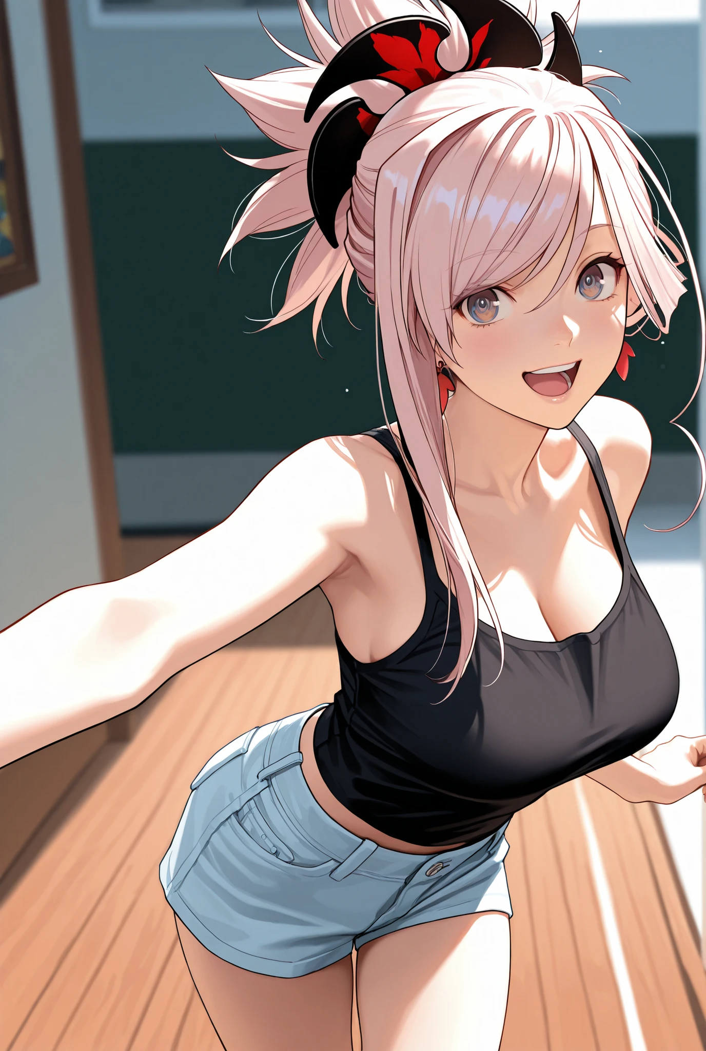 {{{masterpiece}}}, {{{best quality}}}, {{Ultra Details}}, {illustration}, {{very delicate and beautiful}} best quality miyamoto musashi, asymmetrical hair, blue eyes, earrings, hair ornament, pink hair, ponytail, sidelocks,, ,masterpiece,best quality,Amazing Quality Brown Eyes middle Breasts　complicated details, realistic lighting, Artistic Photorealism　happy　smile　lower body　open　miniShort pants　tank top　openmouth　Walking　sneaker　
