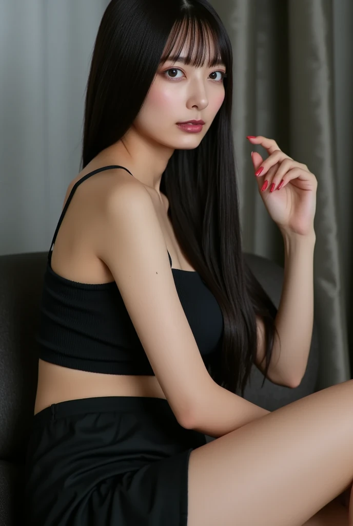 close-up of beautiful Chinese-Hongkong, Teresa Mak is a Chinese-Hongkong actress and model, Shan is a female character Street of Fury 1996 Chinese-Hongkong action movie, age 21 years old girl, youthful face, white skin body, perfect body, very rapunzel long hair, standard black hair, straight hair, bust size 34 inches, wearing a tight plain standard dark black bandeau tube top, wearing a tight plain standard dark black mini short leggings, Shan’s clothes were cut off by boyfriend using scissors from the tank top to the tube top to make Shan sigh and tease, strand by strand Shan’s clothes fell because they had been cut, the rest of Shan’s clothes were scattered at the bottom because they had been cut, Shan’s clothes showed off her breasts because they were cut off by male soldiers so that they looked more sexy and seductive, Then Shan's leggings are also cut by her boyfriend using scissors from long to short to make Shan sigh and tease, strand by strand of Shan's leggings fall down because they have been cut, the remaining clothes of Shan's leggings are scattered at the bottom because they have been cut, sexy looking pose, pose a naughty look, pose looks seductive, at a boyfriend bedroom, boyfriend bedroom background, UHD