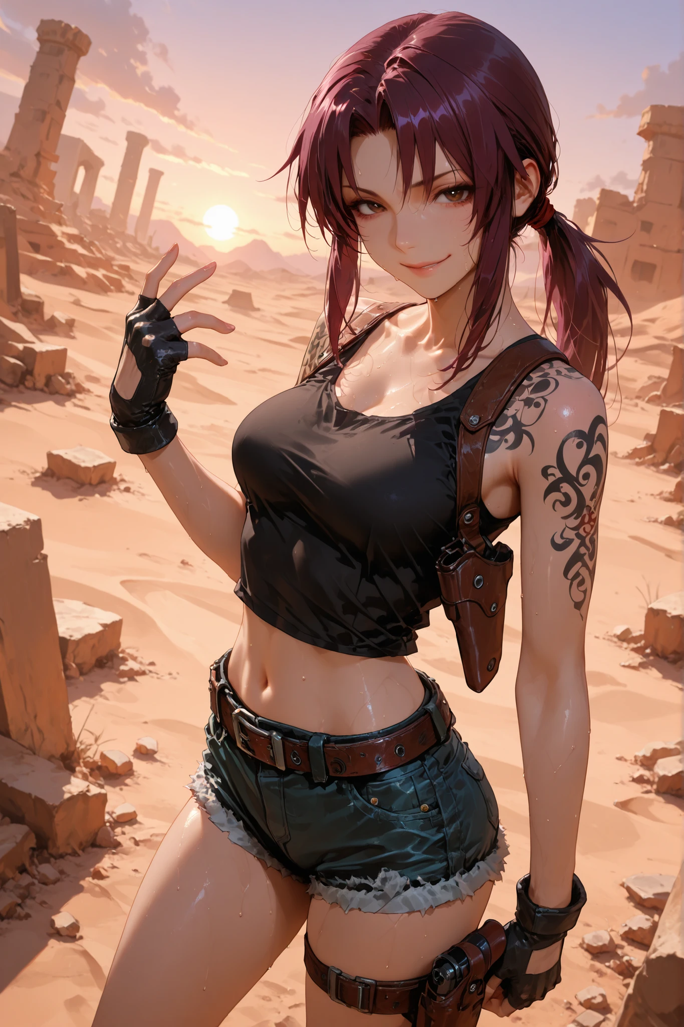  1girl, Revy, purple hair, brown eyes, shoulder tattoo, long hair, ponytail, tank top, midriff, holster, short shorts, belt, fingerless gloves, standing, outdoor, standing, desert, ruins, sunset, looking at viewer, sweat, detailed hands, very beautiful, naughty smile, dynamic pose, dynamic angle, very seductive, sexy, detailed hands, masterpiece, ultra detailed, very aesthetic 