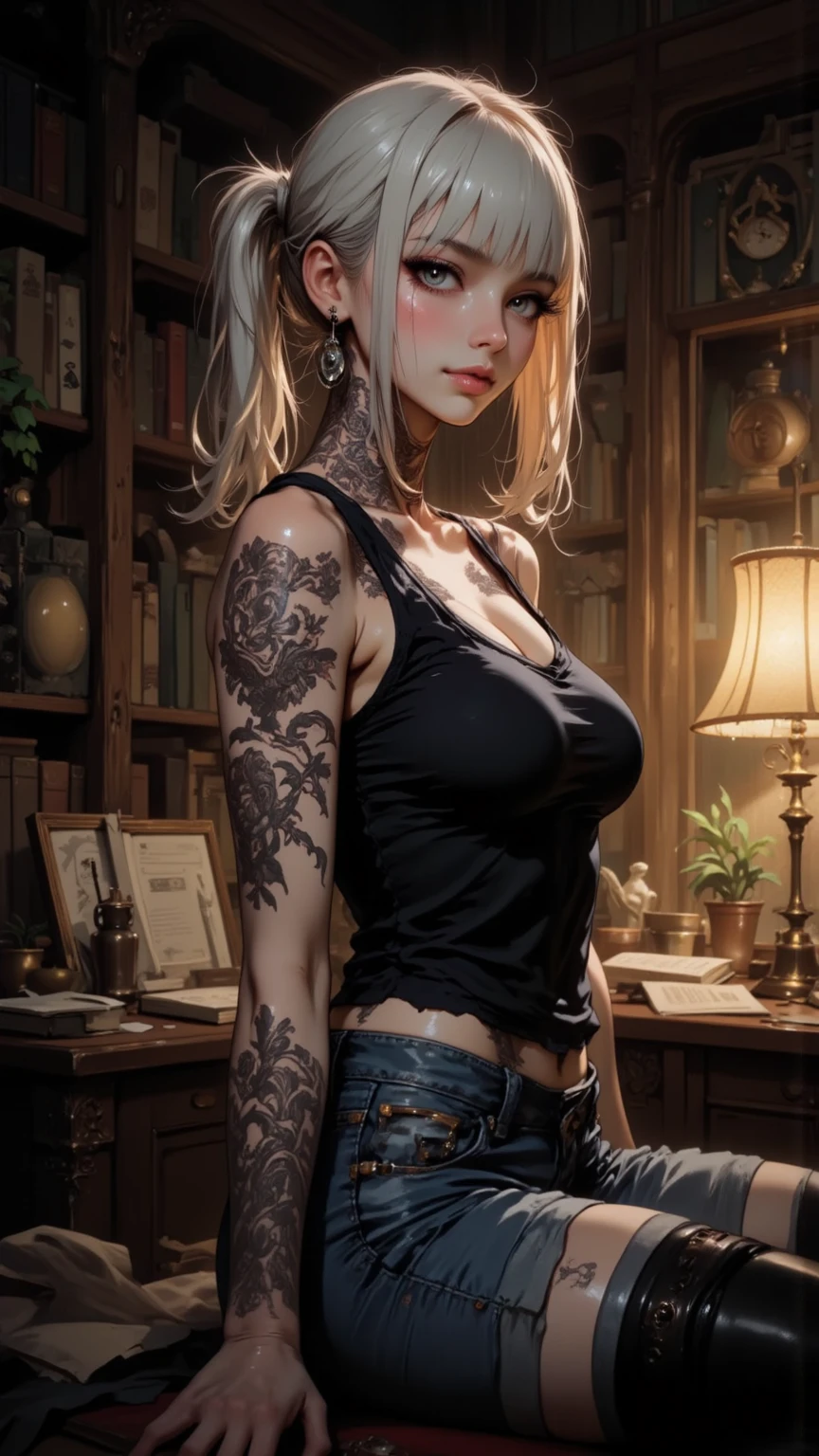 a beautiful 18 year old girl with ultra-fit six-pack abs, open white lab coat, no bra, cannabis laboratory, surrounded by cannabis plants, detailed face and body, photorealistic, 8k, dramatic lighting, cinematic composition, intricate details, vibrant colors, sublime atmosphere