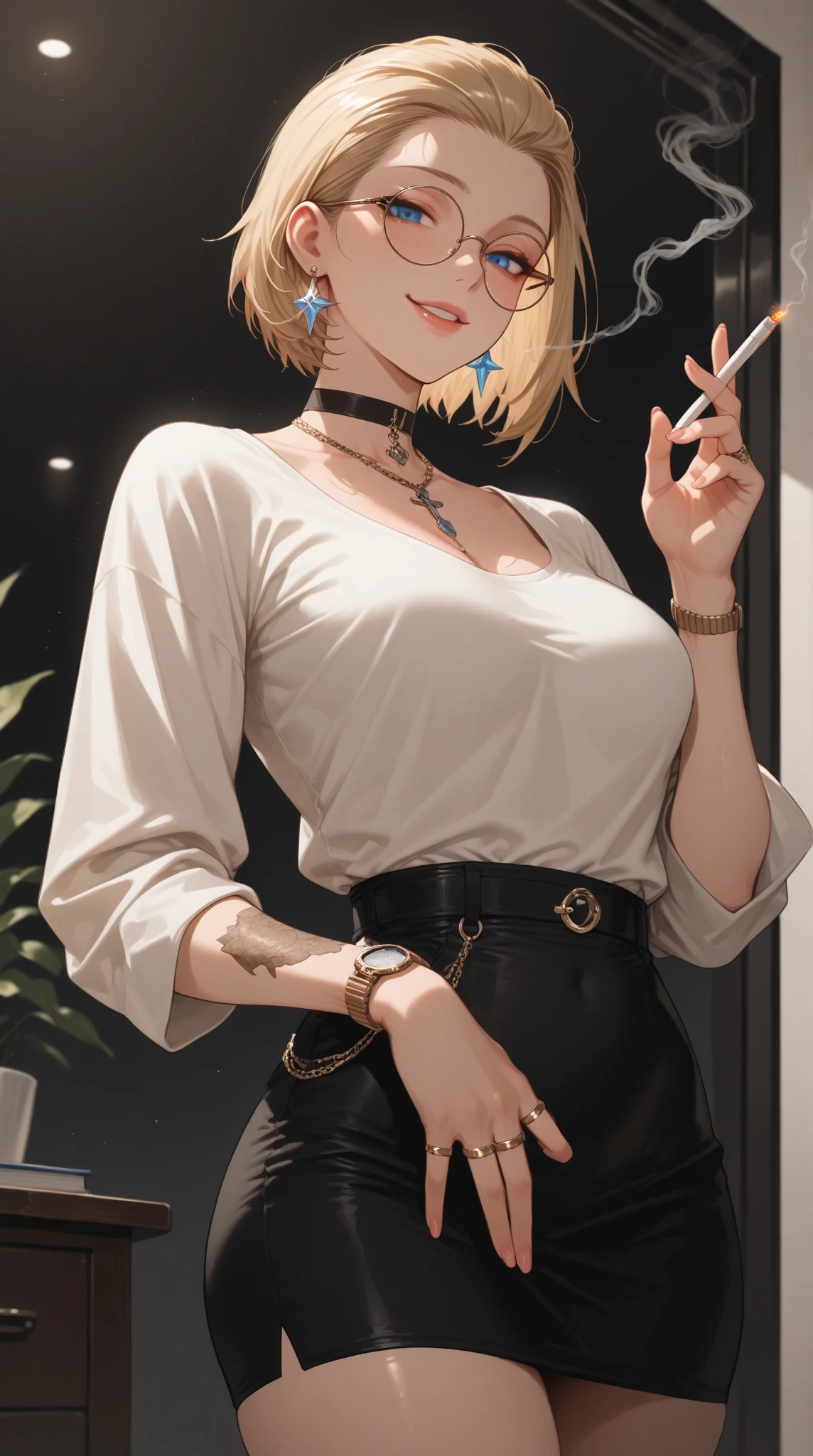 masterpiece, Score_9, Score_8_up, Score_7_up, mirando a espectador, 1 woman, alone, black and light brown hair, very short hair, parted bangs, golden and orange eyes, half-closed eyes, parted lips, expressionless, pale skin, large breasts, many scars, one scar on one eye, the best quality, long and open bangs, black sleeveless shirt, black V-neckline, baggy pants, high heels