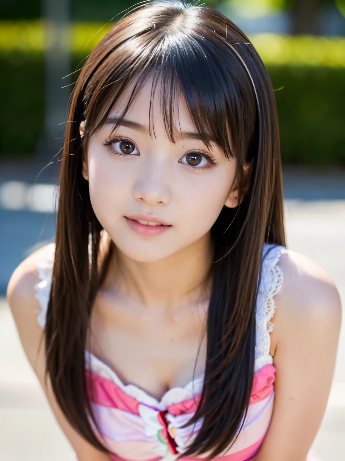 highest quality, High resolution, Realistic photo, Detailed skin texture, ((Cute 12 year old Japanese girl wearing a see-through tight sleeveless sweater)), View your viewers, Slim figure, Attractive gaze, Fair skin, (Flat Chest:1.5), Straight long hair, (loli:1.2), In the park with cherry blossoms falling