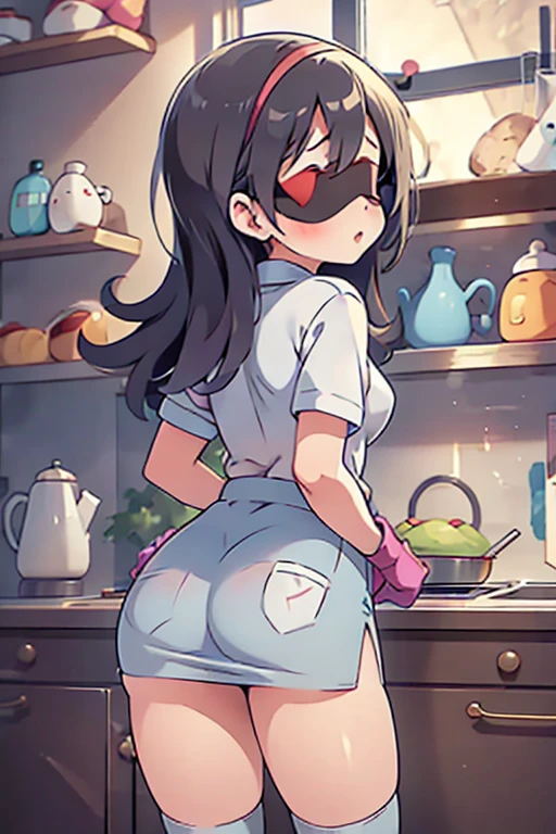 1 girl, black hair, standing in the kitchen, black shirt, black legging, blue gloves, (blue panties on the outside the black legging), blue knees high boots, medium breast, voluptuous, thicc, angry, Confused, red cheeks, embarrassed, full body view, back view, sweat, bbyorf, short hair with long locks, white hairband, red eyes, gold earrings,