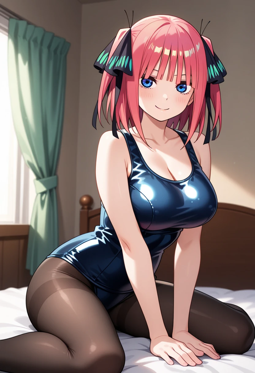 best quality, ultra-detailed masterpiece, nino nakano, one-piece swimsuit, breasts, pantyhose, blush, smile, terrace, in the door room