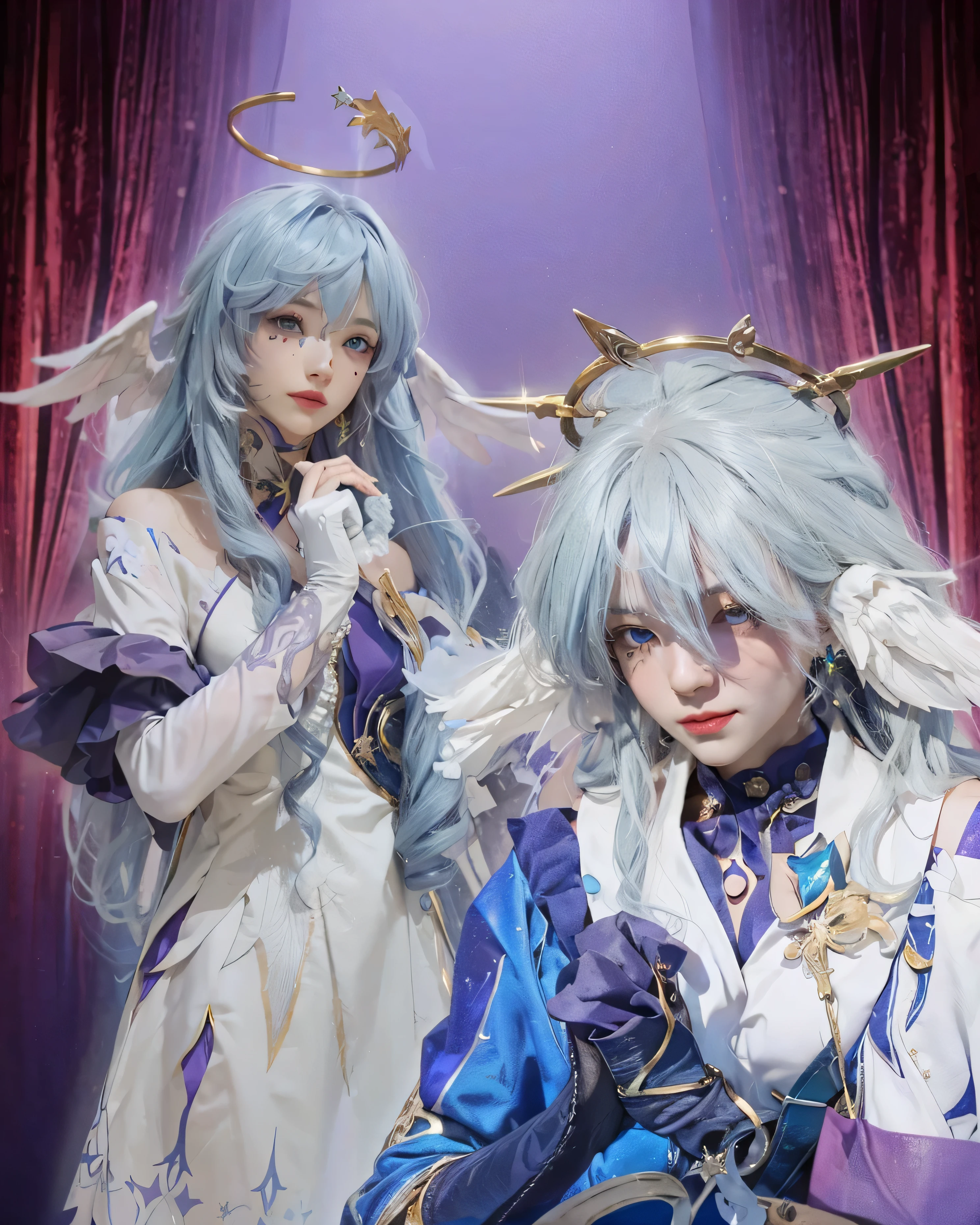 (((ROBIN X SUNDAY& HONKAI STAR RAIL))),((realistic, photorealistic)),(highlight hair)), Light reflection, (( HD )),((upper body)), (((best quality, masterpiece))), (masterpiece) (best quality) (detail) (8k) (HDR) (wallpaper) (cinematic lighting) (sharp focuasterpiece, best quality: 1.1), Real life adaption of this character, Asian beauty face, Shining Purple eyes, realistic outfit, realistic shadow, realistic light, realism, hyper realistic, realistic background,(photorealistic:1.2), masterpiece, best quality, 1girl,(masterpiece, best quality), 1girl, score_9, score_8_up, score_7_up, BREAK source_anime, (masterpiece), (best quality), 1girl, (Realistic painting style:1.1), masterpiece, best quality, absurdres, masterpiece, best quality,
1girl,solo,halo,long hair,blue hair,hair ornament,earrings,mole,blue eyes,jewelry,white gloves,bare shoulders, white dress,
grey background, cowboy shot, light smile,light on face,score_9,score_8_up,score_7_up,1girl,robin_\(honkai:_star_rail\),head_wings,bare_shoulders,white_gloves,detached_sleeves,strapless_dress,white_dress,short_sleeves,white_pantyhose,1boy, animated male character, score_9, score_8_up, score_7_up, offscreen partners, twink, thin body, athletic, toned muscles, athletic body, masculine face, bubble butt, big butt, motion lines, smiling, jack-o' challenge, Earrings, grey hair, upper body, bangs, Wings on ears, halo,Stage backdrop, red curtain, spotlight,