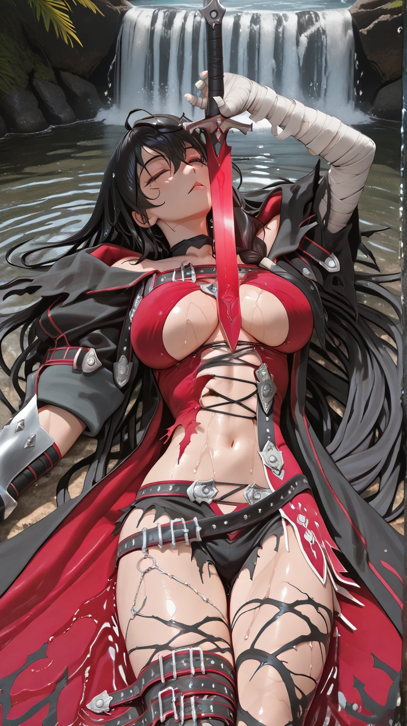 1female，39 years old，熟妇，super adorable，Big breasts Thin waist，long leges，Buttock augmentation，Pornographic exposure， 独奏，（Background with：hilltop，the rainforest，in summer，Standing water on the ground，exteriors） Feel free to hairstyle，Stride，Sweat profusely，drenched all over the body，seen from the front，Long black hair ， mostly cloudy sky，（（（tmasterpiece），（Very detailed CG unity 8K wallpaper），best qualtiy，cinmatic lighting，detailed back ground，beatiful detailed eyes，Bright pupils，（Very fine and beautiful），（Beautiful and detailed eye description），ultra - detailed，tmasterpiece，）），facing at camera，A high resolution，ultra - detailed）Robotic arm，nakeness，Wipe off panties，revealing breasts，Bare genitalia， Bulge，Camel toes，Raised sexy，Lewd expression，Flushed complexion，Open-mouthed，frontage，Thunder Shazam（Wearing：Red cape，Pantyhose）