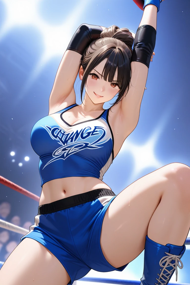 wide angle, 1People Girls、20-year-old、Japanese、Beauty、Beautiful face、Cute face、bikini、Big Boxing Gloves、(Fighting Pose), big bretht, very short hair