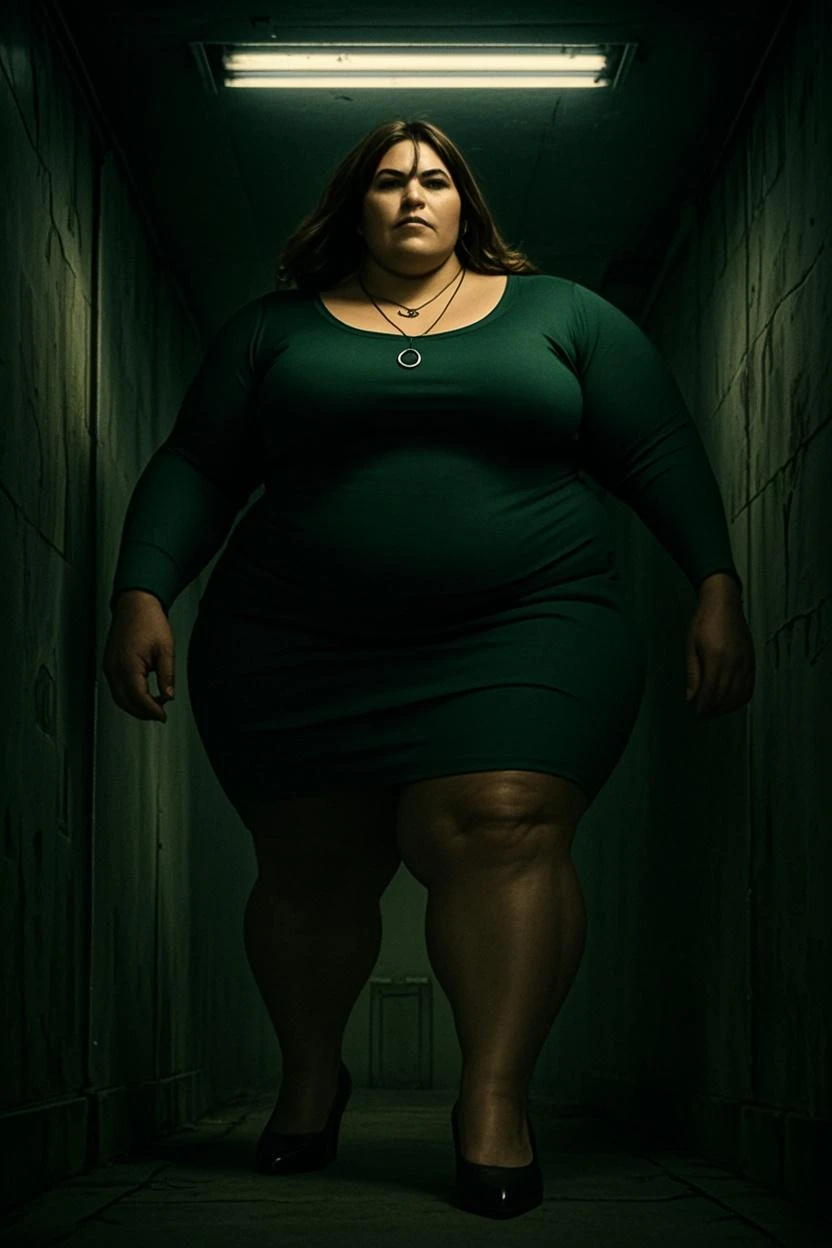 Image of a weight scale, tape measure and a pretty young woman, well dressed overweight sad and crying, being tried in court for being overweight, standing on the scale and with tears