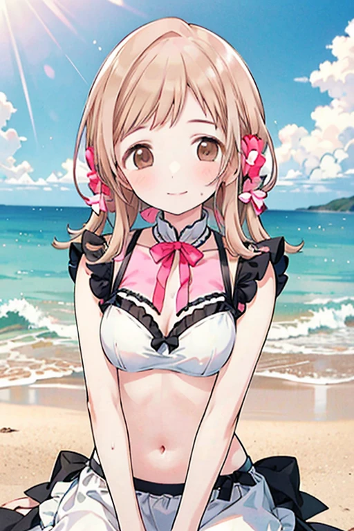 Himari Meimei, masterpiece, Voluptuous thighs, petit body, little young girl, flat chest, {1 Girl}, Cute and erotic smile, Highly detailed sparkling blue eyes, summer night, 困り眉, brilliant pink hair, lying on beach bed, completely nude, nsfw, spread legs wide, showing off childish pink vagina