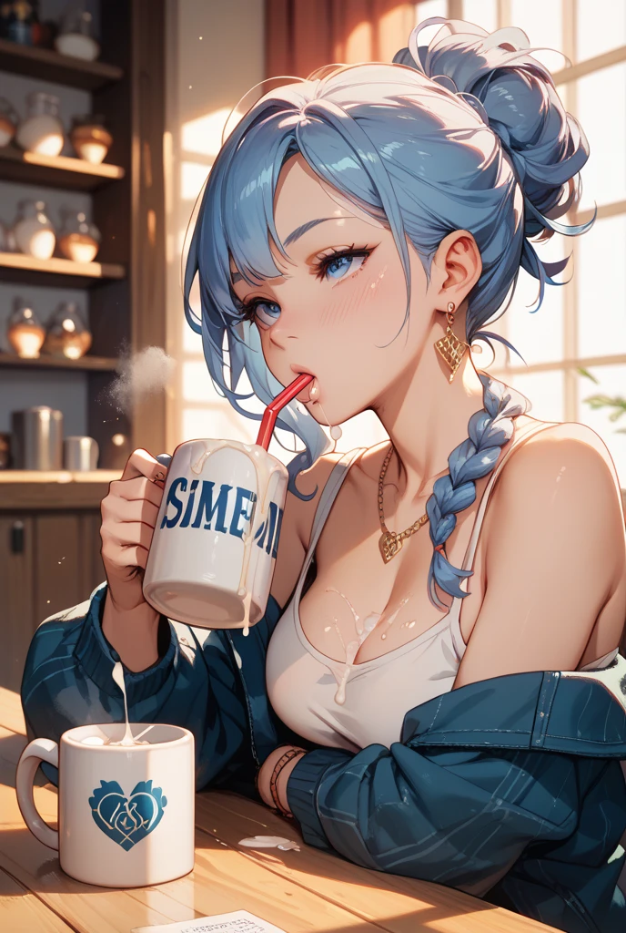 8K、top-quality、Masterpiece、An ultra-high picture quality、ultra-detailliert、Super beautiful、animesque、Ultra-realistic flesh feeling、full bodyesbian、Drinking a latte、Off-shoulder blue knitwear、Beautuful Women、Long blue hair、poneyTail、Blue eyes、shinny skin、Very gigantic-breasts、extremely big ass、shinny skin 、The background is a café --auto --s2