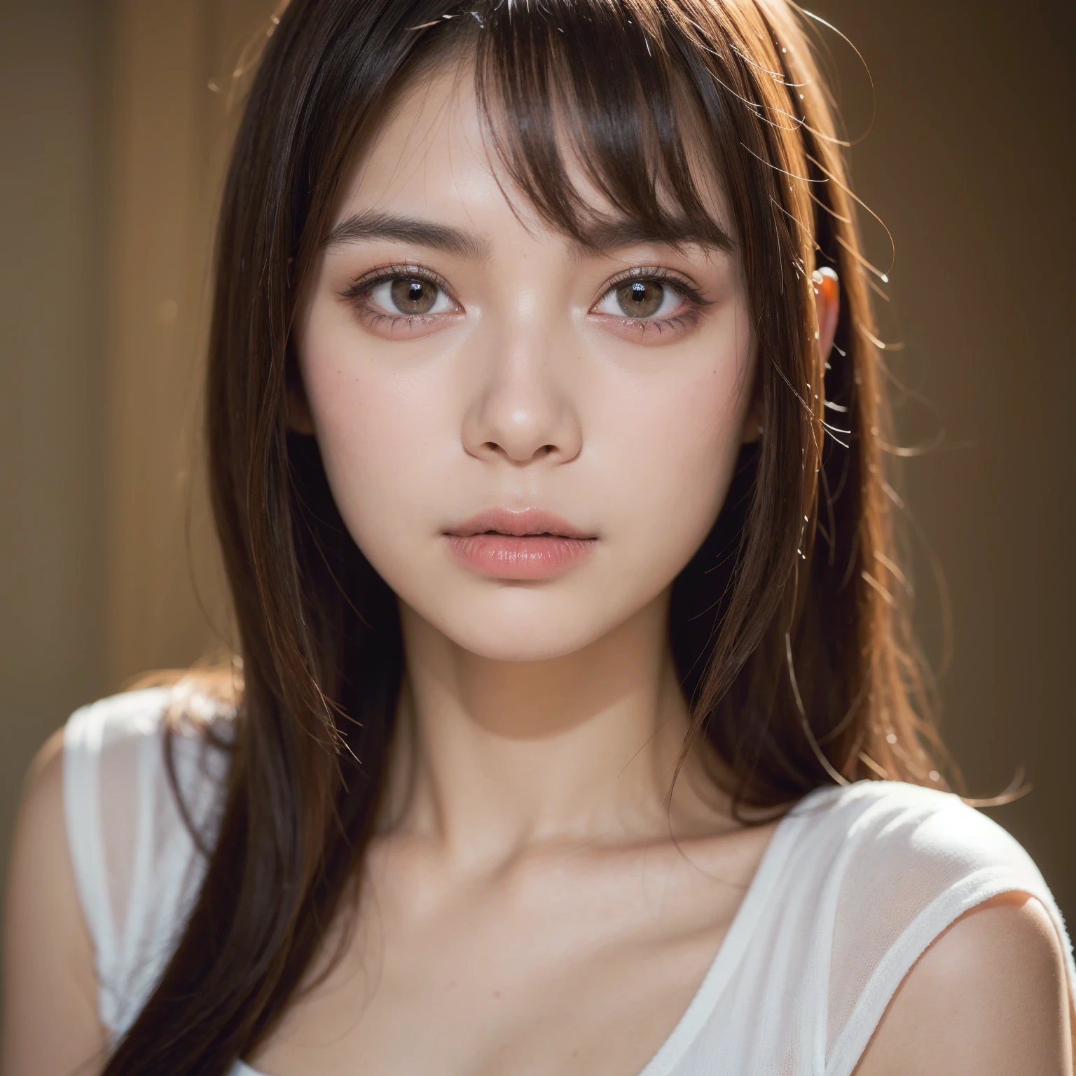 1 Female, Close-up of face, Medium chest, Light brown hair, Blunt bangs, Hair behind the ear, Hair that falls over the shoulders, Long Hair, Slim figure, Ultra debtine debtace, Thin face, Delicate lips, Beautiful Eyes, Light blush, eyes are light brown, Perfect glowing skin, Perfect Skin, Shining Sweat,Have a look at this, Ultra-thin needle, Very thin fingers, The optimal ratio is four fingers to one thumb, (Realistic:1.3), See-through mock neck crop tank top in white. amusement park, First Person View, debtuji debtilm, debt/1.2, 8K, Tabletop, んdebtdebt, Super detailed, high quality, 最high quality, High resolution