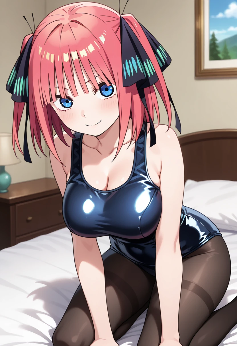 best quality, insanely detailed, nino nakano, breasts, blush, bedroom background, looking at viewer, cheerful eyes,arousal, one-piece swimsuit,