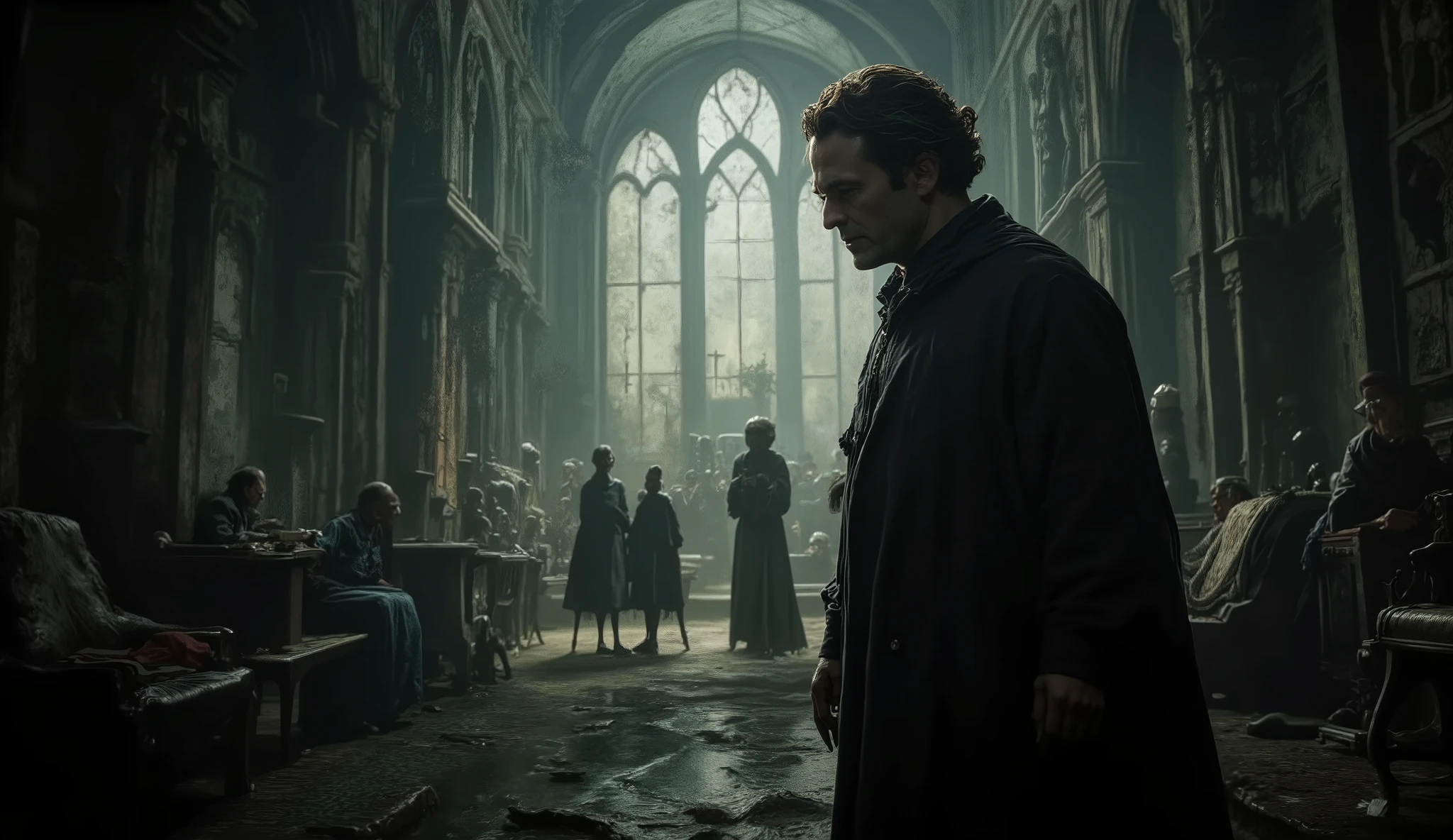 A classist virus that scares and despises the poor . The dramatic lighting is dampened. cena de horror, temer.