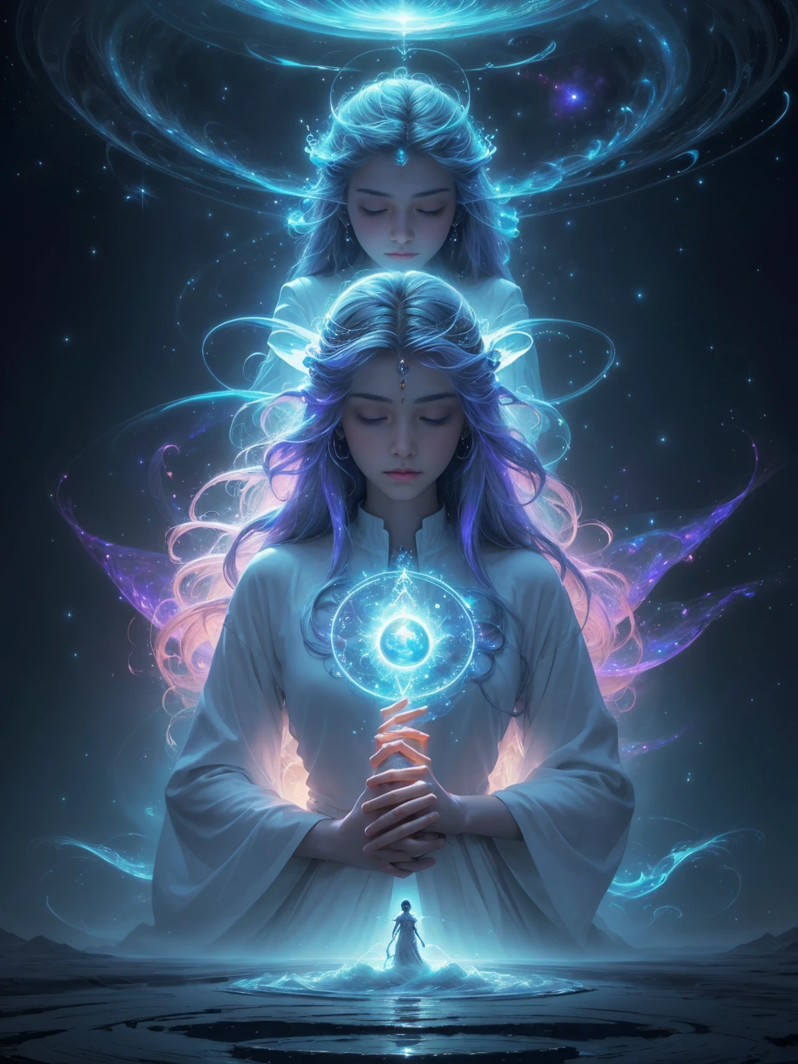 (Best quality,A high resolution:1.2),Beautiful masterpiece:1.2, Human creativity and the eternal soul flow together in an ethereal realm, interconnectedness, flowing energy, Spiritual, like a dream, cosmic, concept-art, awe-inspiring, Sankta, Pineal gland, Surreal