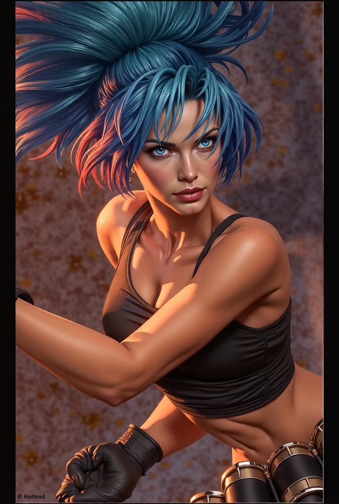 ((8k resolution)), ((character)), 1Girl, 20y.o, Leona King Of Fighter, Black Tank top, Blue hair, Big Boobs, Black Gloves, Realistic, Ultra detail