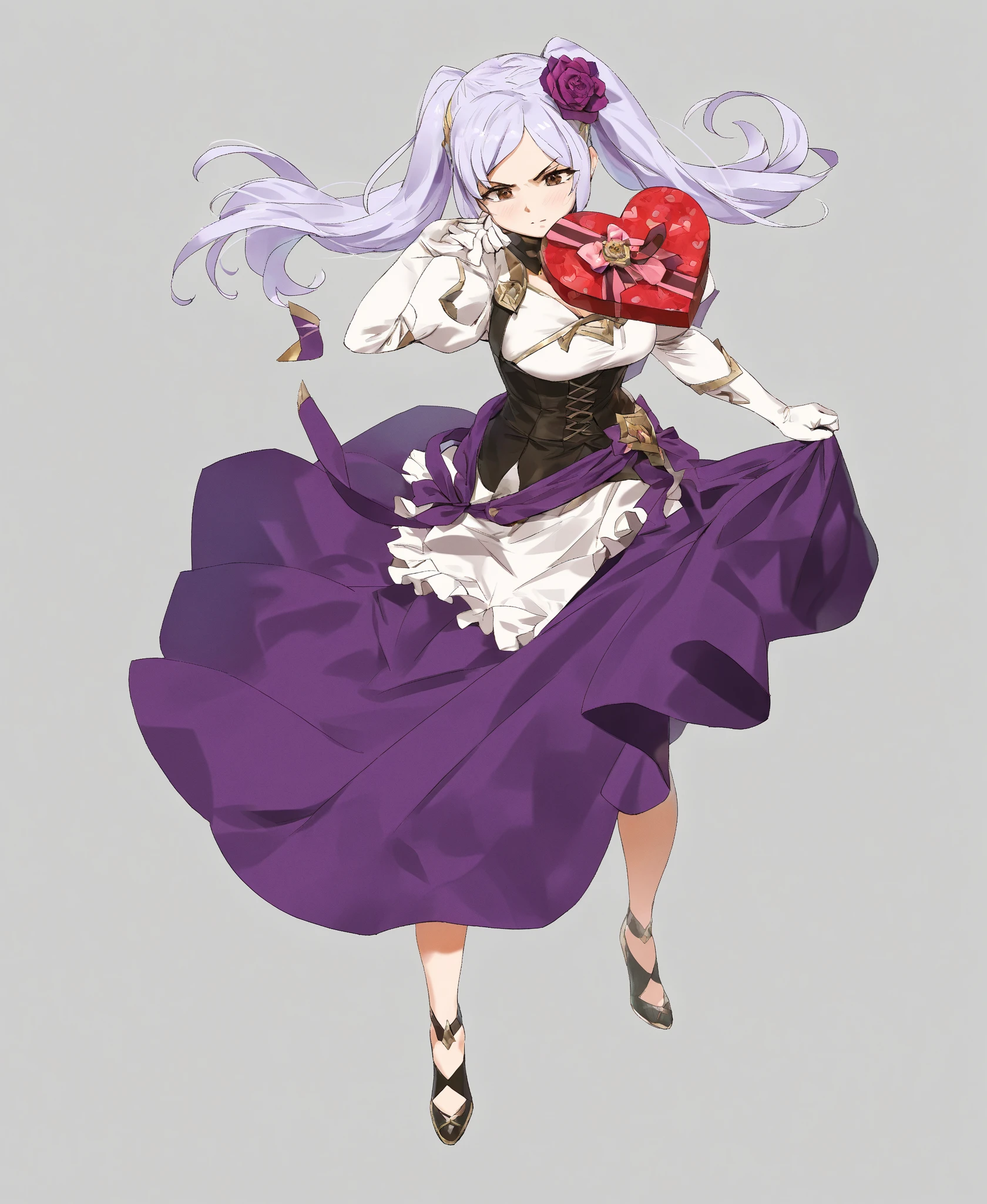 yd \(Orange Maru\),
SFW, 1girl, alone, Wear clothes,
robin \(\) \(Valentine's Day\) \(Fire Emblem\), Fire Emblem, moderate, gray hair, gray hair, blue hair , long hair, double ponytail, hair adornments, hairflower , brown eyes,
V-shaped eyebrows,
BREAK BREAK BREAK,
from the above,
Full body,
Detailed background,
masterpiece, best quality, decolletage