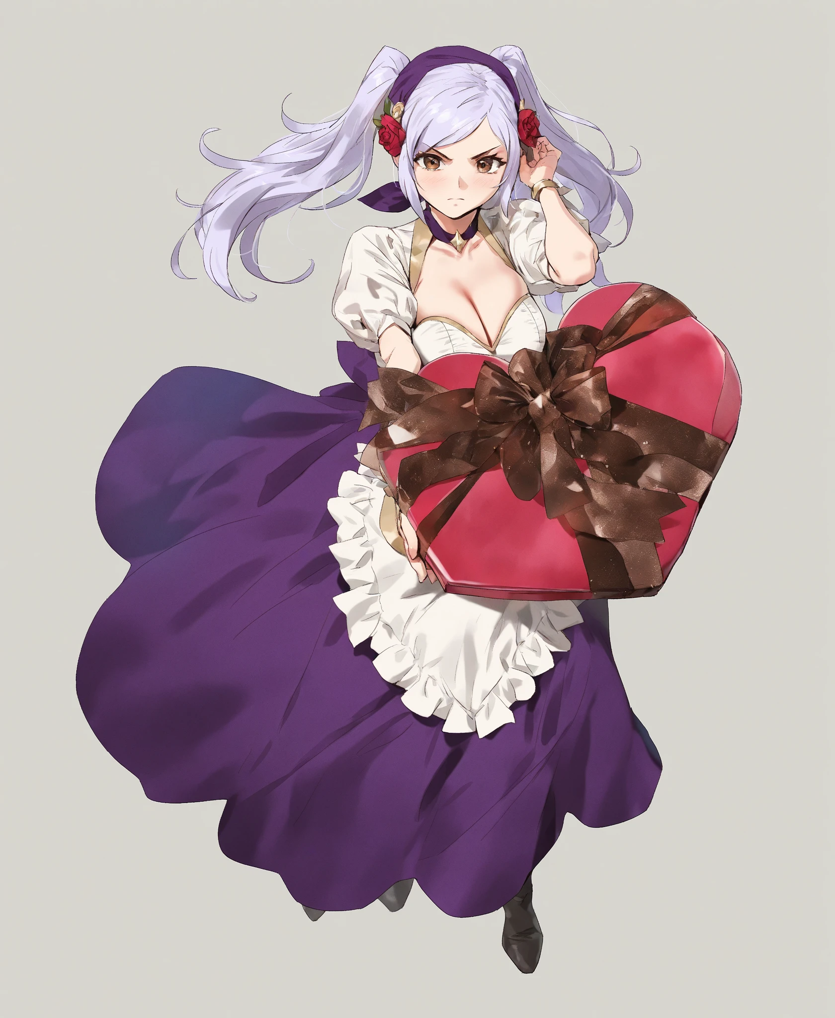 yd \(Orange Maru\),
SFW, 1girl, alone, Wear clothes,
robin \(\) \(Valentine's Day\) \(Fire Emblem\), Fire Emblem, moderate, gray hair, gray hair, blue hair , long hair, double ponytail, hair adornments, hairflower , brown eyes,
V-shaped eyebrows,
BREAK BREAK BREAK,
from the above,
Full body,
Detailed background,
masterpiece, best quality, decolletage