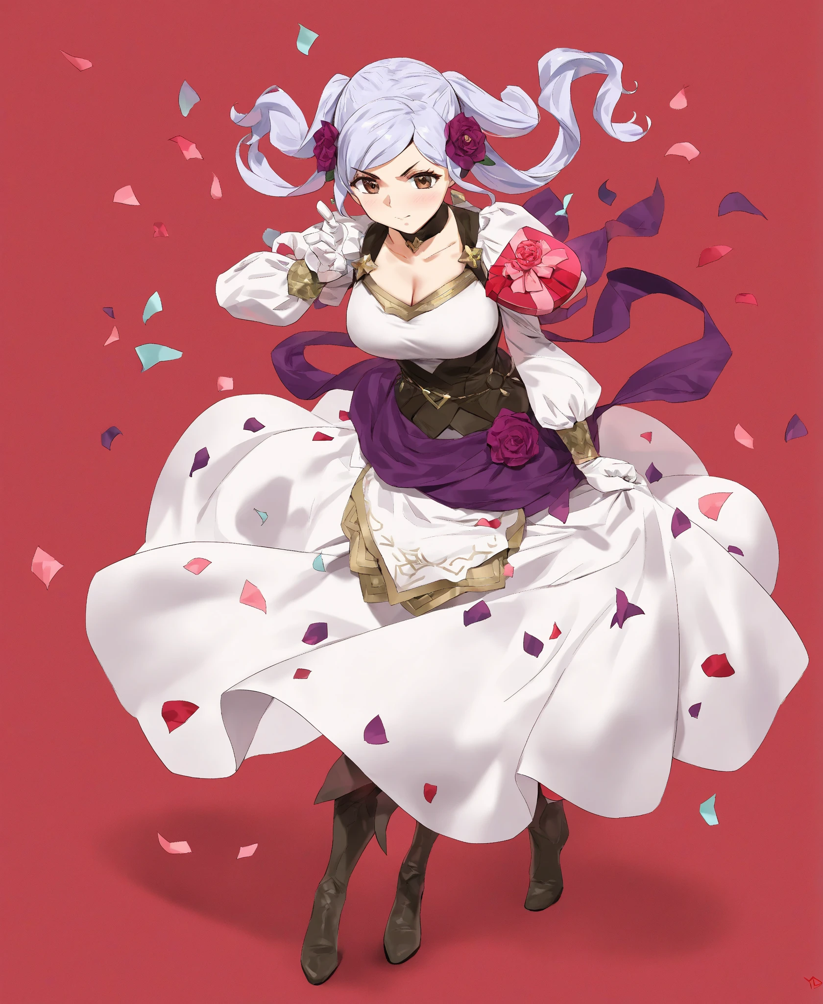 yd \(Orange Maru\),
SFW, 1girl, alone, Wear clothes,
robin \(\) \(Valentine's Day\) \(Fire Emblem\), Fire Emblem, moderate, gray hair, gray hair, blue hair , long hair, double ponytail, hair adornments, hairflower , brown eyes,
V-shaped eyebrows,
BREAK BREAK BREAK,
from the above,
Full body,
Detailed background,
masterpiece, best quality, decolletage