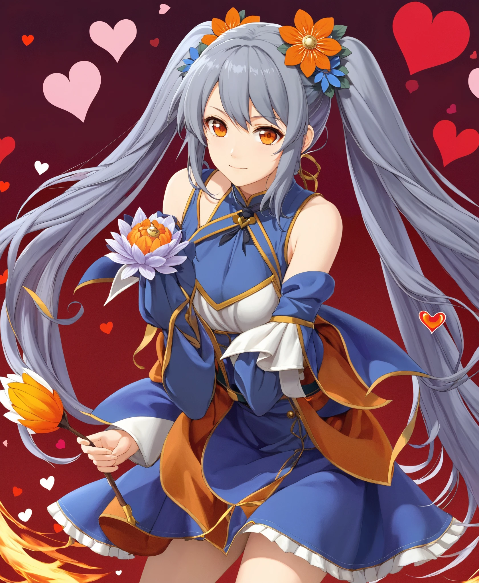 yd \(Orange Maru\),
SFW, 1girl, alone, Wear clothes,
robin \(\) \(Valentine's Day\) \(Fire Emblem\), Fire Emblem, moderate, gray hair, gray hair, blue hair , long hair, double ponytail, hair adornments, hairflower , brown eyes,
V-shaped eyebrows,
BREAK BREAK BREAK,
from the above,
Full body,
Detailed background,
masterpiece, best quality, decolletage