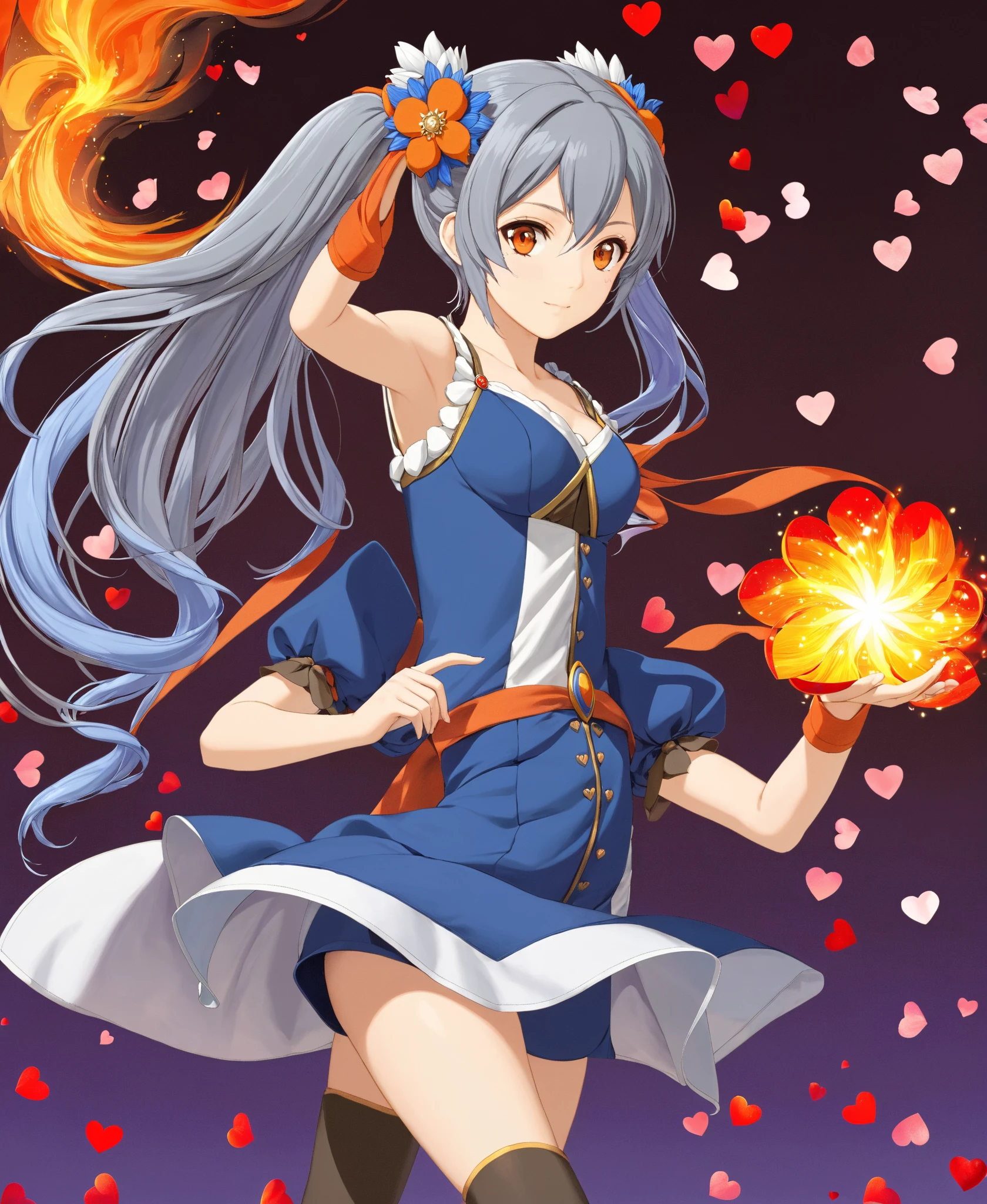 yd \(Orange Maru\),
SFW, 1girl, alone, Wear clothes,
robin \(\) \(Valentine's Day\) \(Fire Emblem\), Fire Emblem, moderate, gray hair, gray hair, blue hair , long hair, double ponytail, hair adornments, hairflower , brown eyes,
V-shaped eyebrows,
BREAK BREAK BREAK,
from the above,
Full body,
Detailed background,
masterpiece, best quality, decolletage