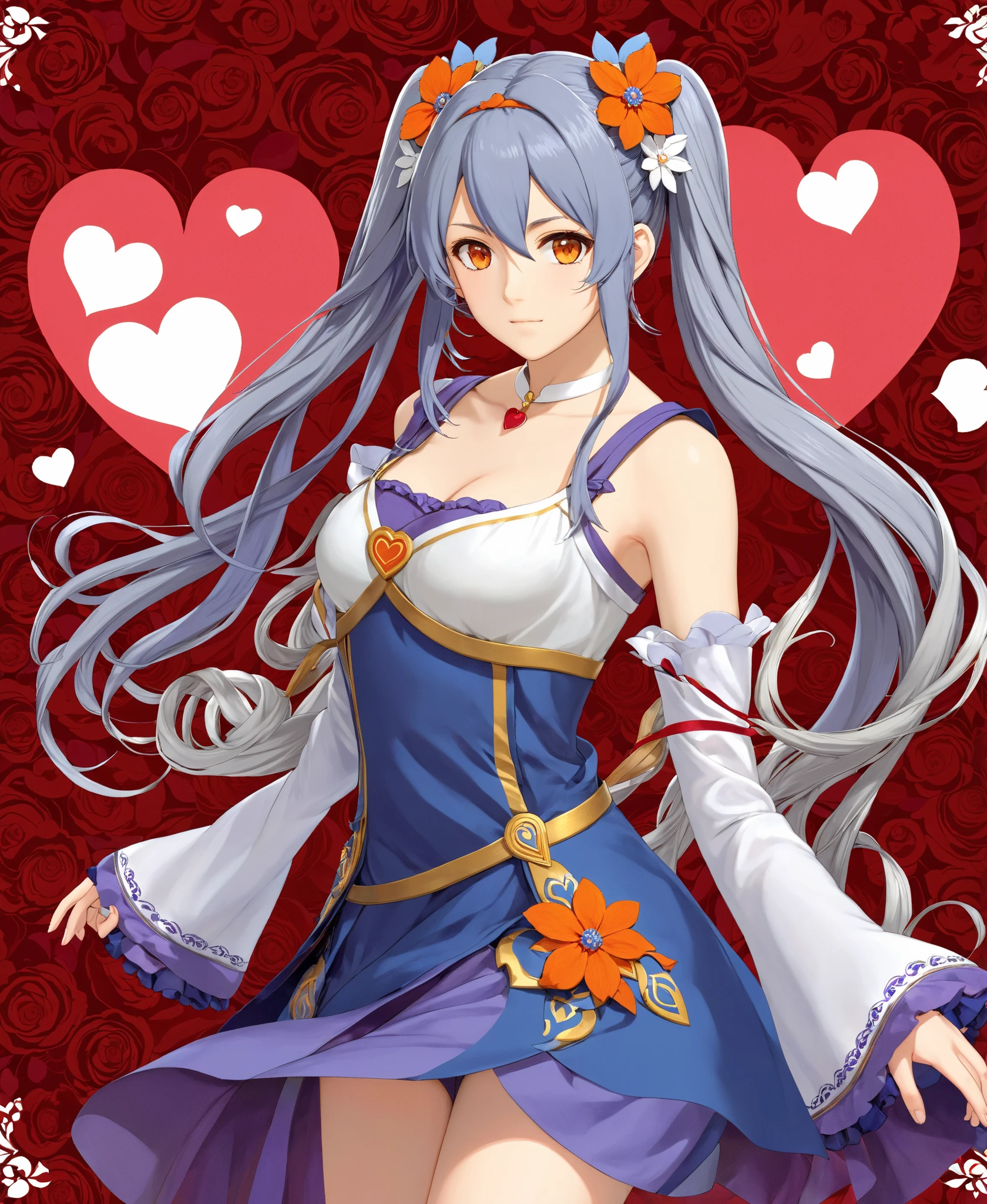 yd \(Orange Maru\),
SFW, 1girl, alone, Wear clothes,
robin \(\) \(Valentine's Day\) \(Fire Emblem\), Fire Emblem, moderate, gray hair, gray hair, blue hair , long hair, double ponytail, hair adornments, hairflower , brown eyes,
V-shaped eyebrows,
BREAK BREAK BREAK,
from the above,
Full body,
Detailed background,
masterpiece, best quality, decolletage