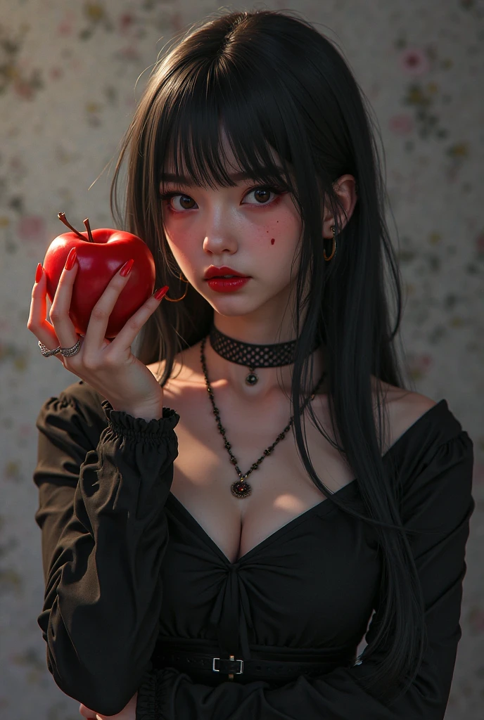 ((RAW photos)，Absurd ，(Absurd 分辨率))，masterpiece，Best quality，(extremely detailed 8k unity CG wallpaper)，(Most Best Illustration)，(BEST SHADOW)，Realistic lighting，Beautiful and detailed brilliance ，((21yo))，girl，longblackhair，Black Queen，accessories，Hold an apple，Poison apples，Witch Queen，red lipsticks，(((Her photography perspective)))