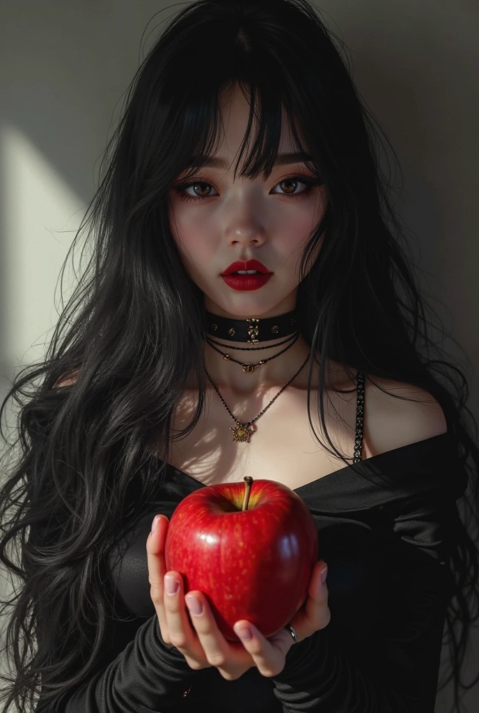 ((RAW photos)，Absurd ，(Absurd 分辨率))，masterpiece，Best quality，(extremely detailed 8k unity CG wallpaper)，(Most Best Illustration)，(BEST SHADOW)，Realistic lighting，Beautiful and detailed brilliance ，((21yo))，girl，longblackhair，Black Queen，accessories，Hold an apple，Poison apples，Witch Queen，red lipsticks，(((Her photography perspective)))