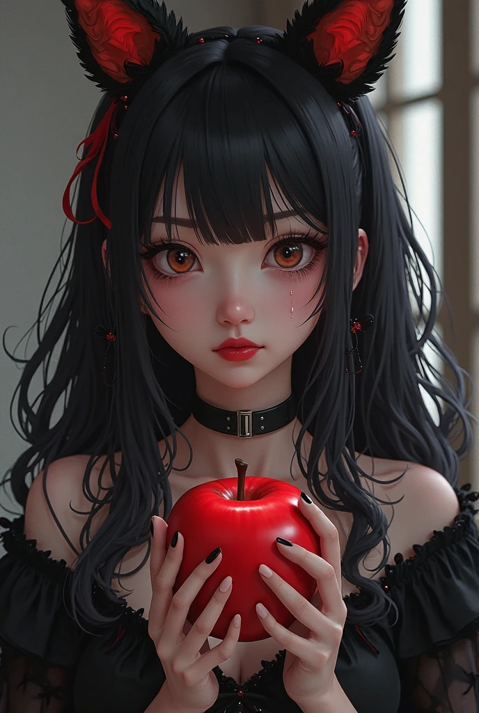 ((RAW photos)，Absurd ，(Absurd 分辨率))，masterpiece，Best quality，(extremely detailed 8k unity CG wallpaper)，(Most Best Illustration)，(BEST SHADOW)，Realistic lighting，Beautiful and detailed brilliance ，((21yo))，girl，longblackhair，Black Queen，accessories，Hold an apple，Poison apples，Witch Queen，red lipsticks，(((Her photography perspective)))