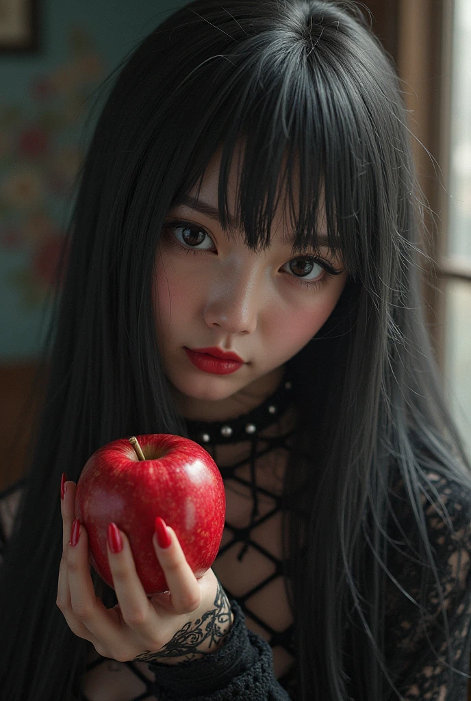 ((RAW photos)，Absurd ，(Absurd 分辨率))，masterpiece，Best quality，(extremely detailed 8k unity CG wallpaper)，(Most Best Illustration)，(BEST SHADOW)，Realistic lighting，Beautiful and detailed brilliance ，((21yo))，girl，longblackhair，Black Queen，accessories，Hold an apple，Poison apples，Witch Queen，red lipsticks，(((Her photography perspective)))