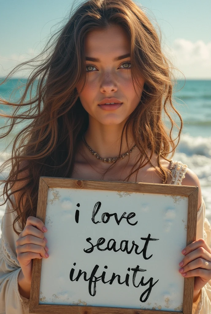 Beautiful girl with wavy long hair,Dressed in a bohemian style,Holding a whiteboard with the words "I Love SeaArt Infinity",and show the audience