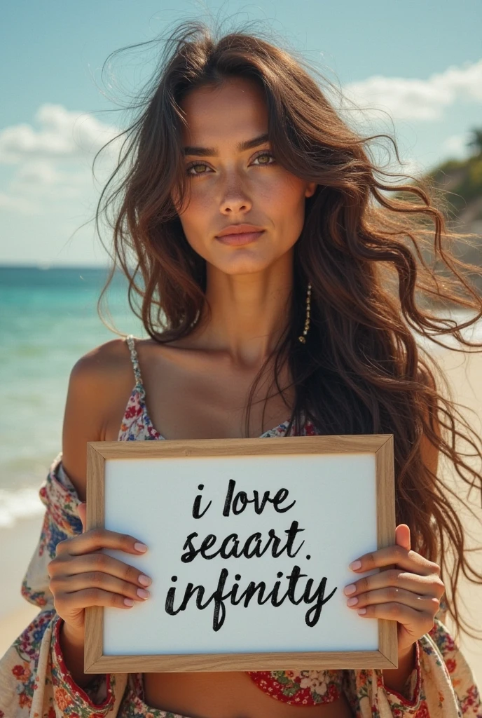 Beautiful girl with wavy long hair,Dressed in a bohemian style,Holding a whiteboard with the words "I Love SeaArt Infinity",and show the audience