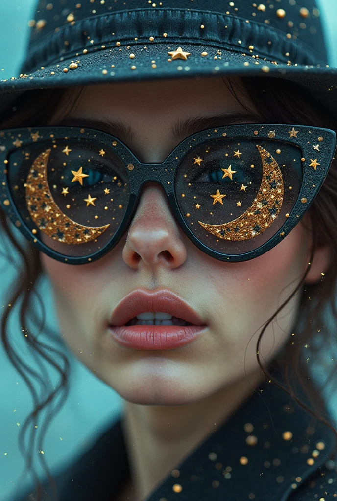 Model wearing glass sunglasses,There are stars and moon on the lens
