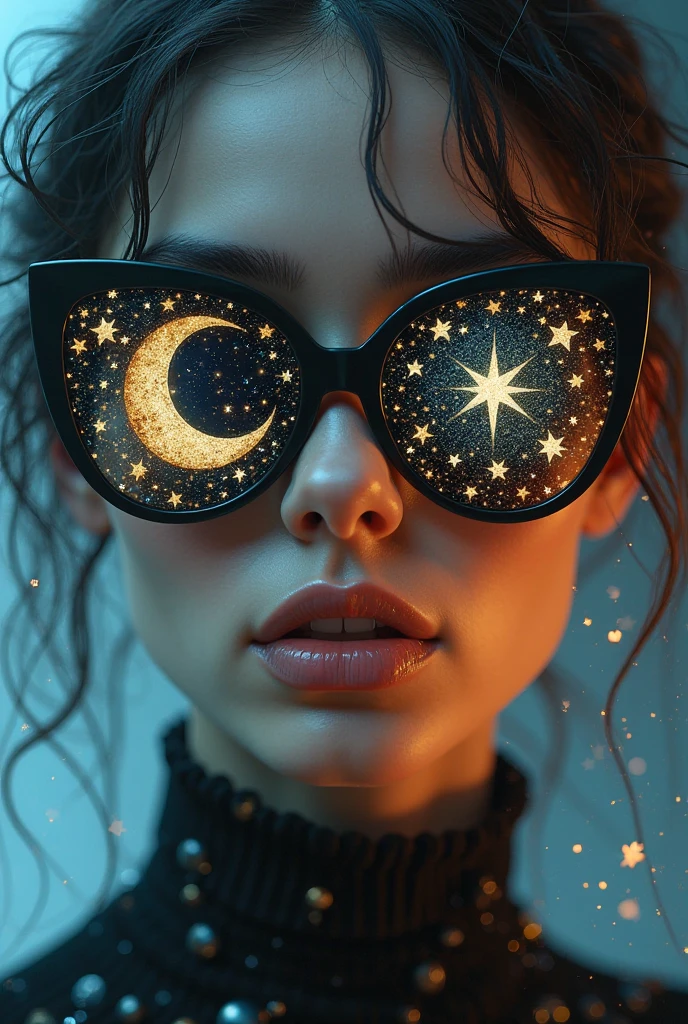 Model wearing glass sunglasses,There are stars and moon on the lens