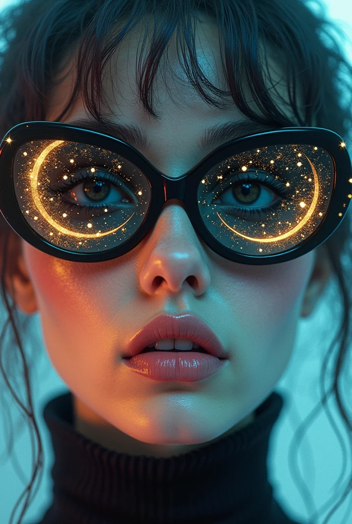 Model wearing glass sunglasses,There are stars and moon on the lens